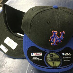 NY 59Fifty Mets On Field Fitted Black & Blue Cap Hat sport MBL Baseball 7-1/4